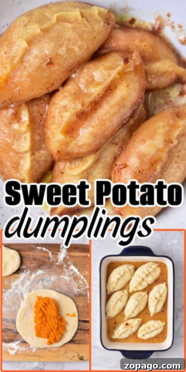 Golden Sweet Potato Pillows 8 Sweet Potato Dumplings in a baking dish, with step-by-step images showing preparation and filling on a floured surface.