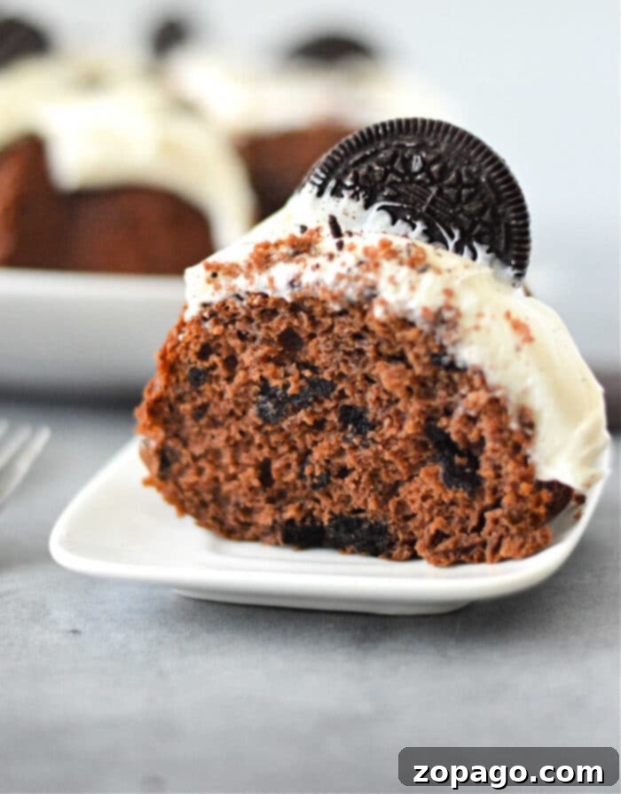 Cookies and Cream Bundt Delight 2 Oreo Bundt Cake with chocolate frosting and whole Oreos on top.