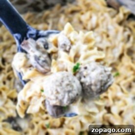 Creamy Instant Pot Meatball Stroganoff 7 Spoon scooping creamy Meatball Stroganoff pasta with tender mushrooms from a pot.