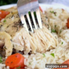 A fork effortlessly shreds tender frozen chicken on a plate with rice and sliced carrots, all perfectly cooked in an Instant Pot.
