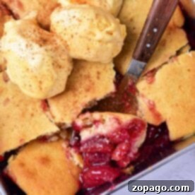 Effortless Cherry Cobbler 5 Close-up of Easy Cherry Cobbler with a golden crust, topped with vanilla ice cream scoops and a sprinkle of cinnamon.