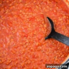 A pot of rich, red healthy spaghetti sauce with a ladle resting inside sits on a textured surface, accompanied by a striped cloth nearby.