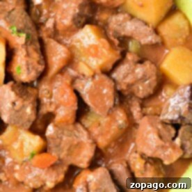 Rustic Venison Stew 5 Close-up of a bowl filled with venison stew, featuring tender chunks of deer meat and potatoes in a rich, brown sauce—a hearty recipe perfect for any comfort food lover.