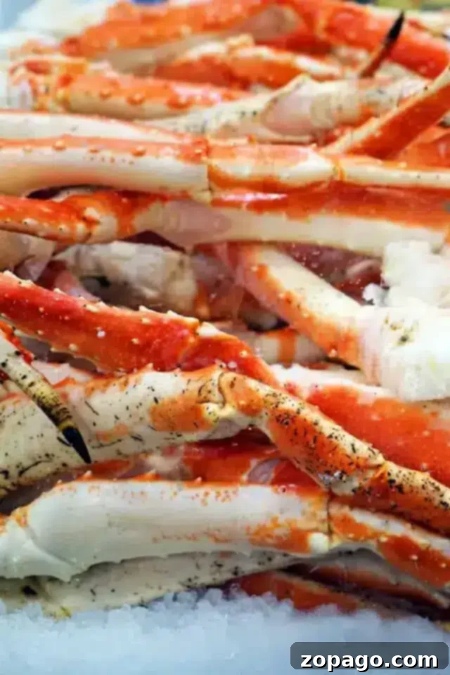 From Freezer to Feast: Perfect Frozen Crab Legs 2 A close-up view of a pile of red and white crab legs on ice, showcasing their texture and colors.