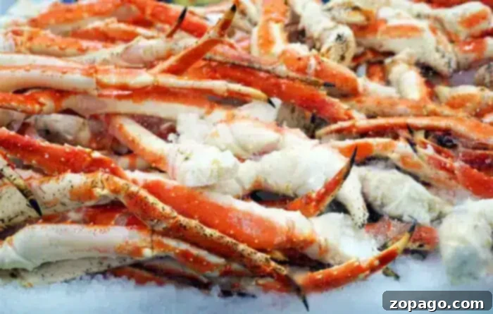 From Freezer to Feast: Perfect Frozen Crab Legs 3 A pile of fresh crab legs is displayed on crushed ice at a seafood market.