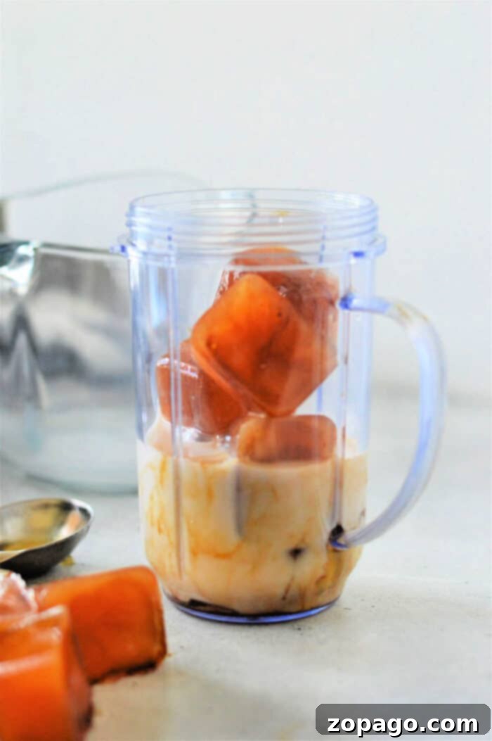 Whip Up Your Own Cold Foam 4 A plastic blender cup is filled with milk and several coffee ice cubes, illustrating how to make cold foam for coffee. A metal spoon and another coffee ice cube rest on the surface beside the blender cup, with a larger mixing container visible in the background.