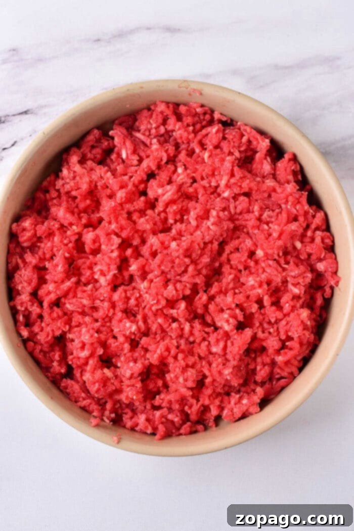 Creative Ground Venison Dishes 6 Raw ground deer meat in a bowl on a marble countertop, ready for preparation into delicious ground venison recipes.