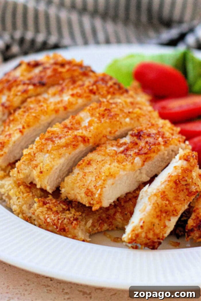 Crispy Air Fryer Parmesan Mayo Chicken 2 Golden-brown parmesan crusted chicken breast, perfectly cooked in an air fryer, served on a plate with fresh greens.