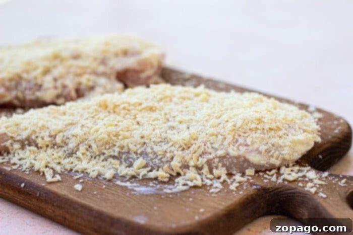 Crispy Air Fryer Parmesan Mayo Chicken 5 Parmesan crusted chicken breast ready for air frying, showing the detailed breading.