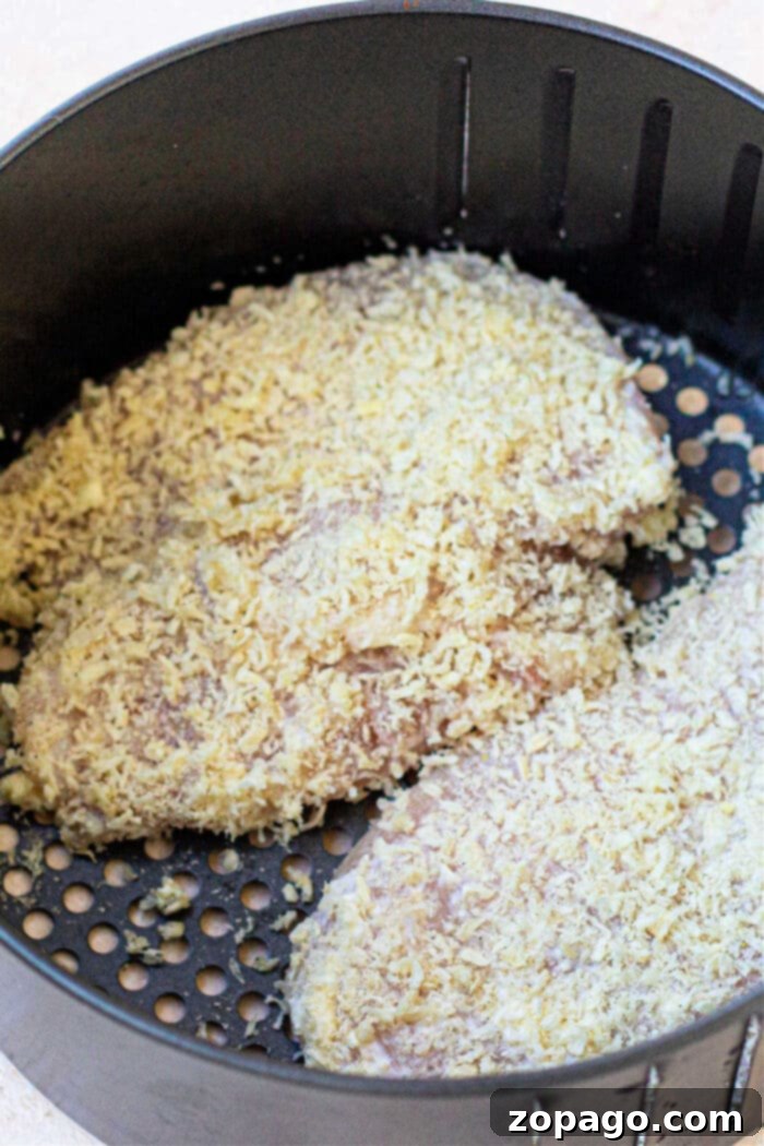 Crispy Air Fryer Parmesan Mayo Chicken 6 Crispy Air Fryer Parmesan Crusted Chicken pieces arranged in an air fryer basket after cooking.