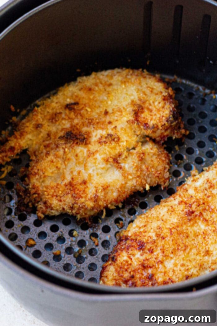 Crispy Air Fryer Parmesan Mayo Chicken 7 Two pieces of crispy parmesan crusted chicken cooked in a Ninja Foodi air fryer, ready to be served.