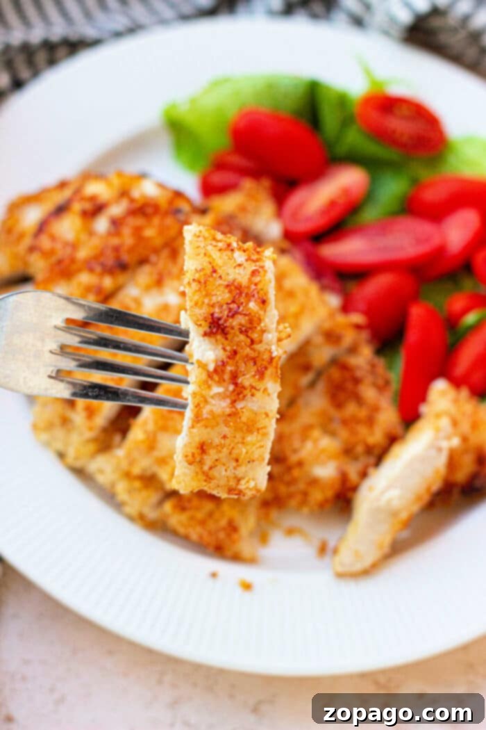 Crispy Air Fryer Parmesan Mayo Chicken 8 Two servings of parmesan crusted chicken with mayo, garnished with fresh herbs and a side of lemon.