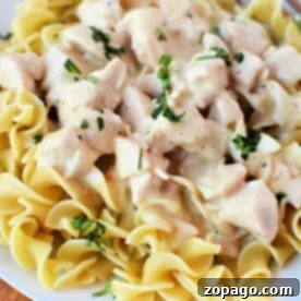 A plate of creamy Slow Cooker Chicken Stroganoff rests over egg noodles, garnished with chopped parsley.