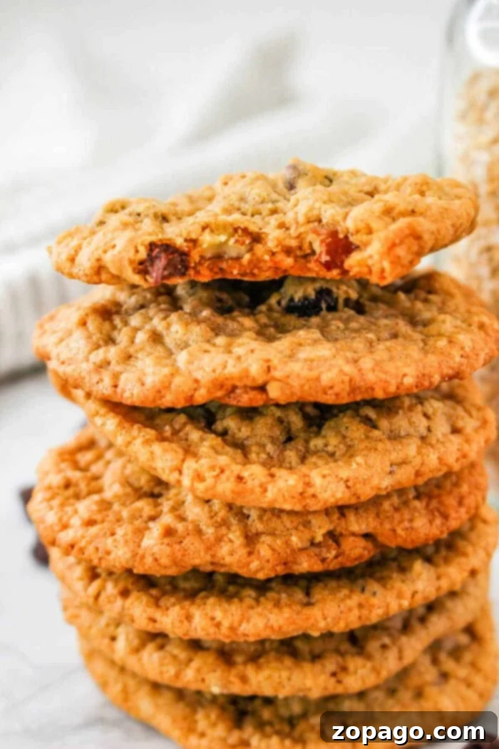 Fast Steel Cut Oat Delights 2 A stack of golden brown steel cut oatmeal raisin cookies on a white surface, with a jar of raw steel cut oats visible in the soft background.
