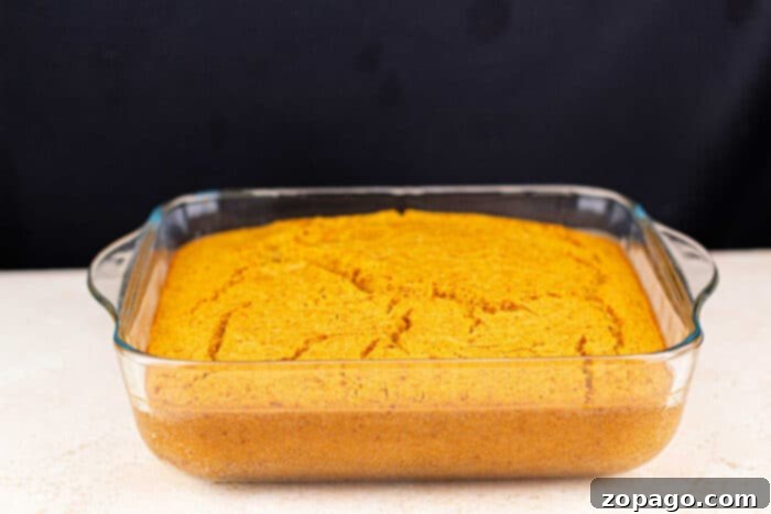 Southern Sweet Potato Cornbread 4 A square piece of sweet potato cornbread with a slightly rough but inviting texture.