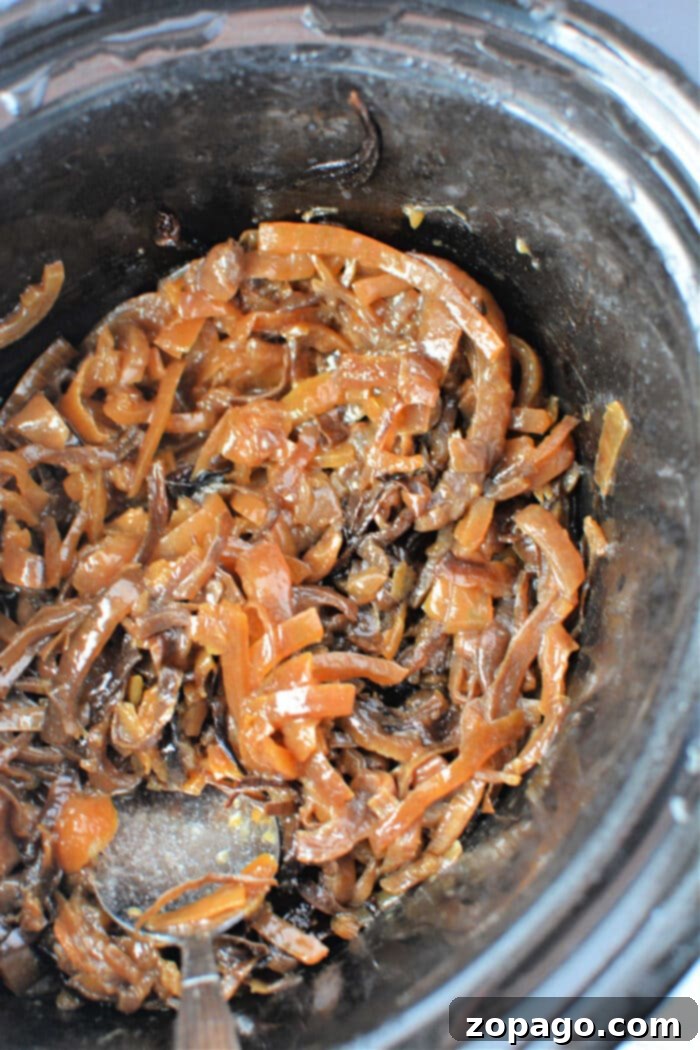 Slow Cooker Onion Gold 5 Crockpot Caramelized Onions - golden caramelized onions ready to be served from a slow cooker.