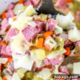 A ladle scoops a hearty corned beef and cabbage soup, rich with chunky vegetables like carrots and potatoes.