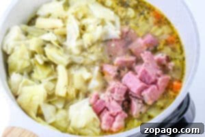 Hearty Corned Beef and Cabbage Bowl 9 Simmering on the stovetop is a hearty Corned Beef and Cabbage Soup, filled with tender cabbage, savory cubed ham, and rich broth.