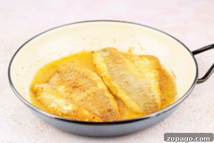 Cornmeal: The Key to Crispy Fish Fry 6 Two cooked fish fillets in a frying pan, coated in light brown sauce and cornmeal mixture. The fillets are golden brown, partly submerged in sauce.