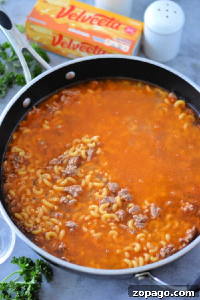 Creamy Cheesy Beef and Pasta Skillet 3 Cheesy Hamburger Helper: A close-up of a skillet filled with macaroni and ground beef in a rich, creamy Velveeta cheese sauce, garnished with fresh parsley.