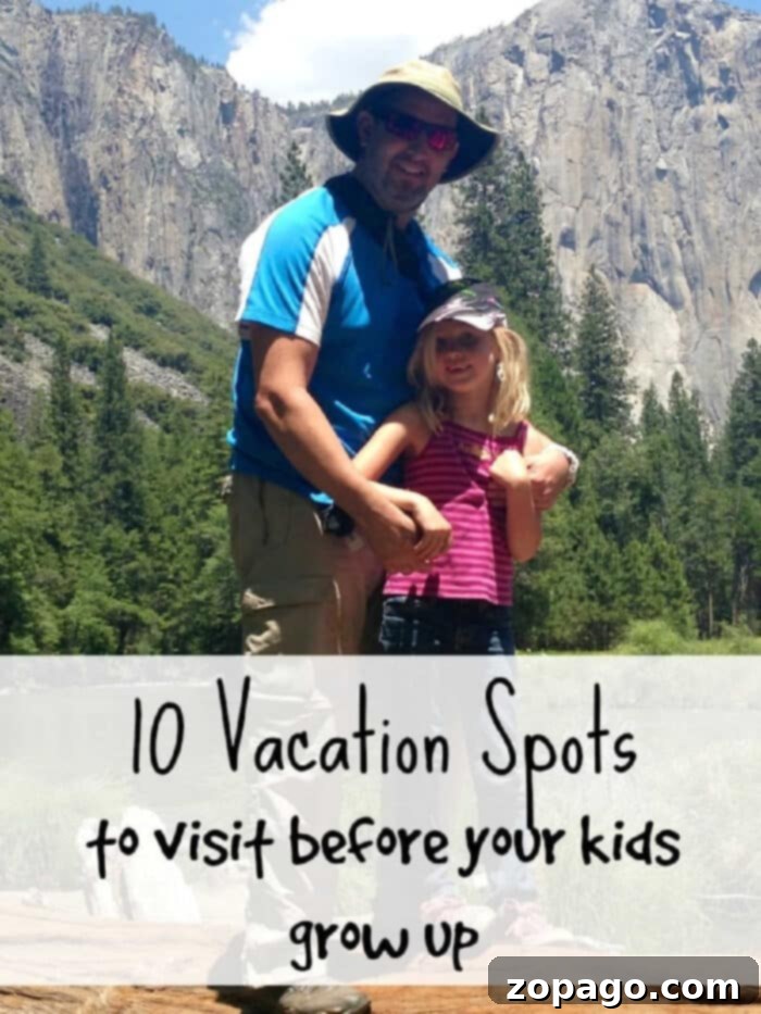 Best vacation spots for kids! Here is where you should take them while they''re still young, our top 10 favorite vacations with kids. #vacation #withkids #travel #familytravel A vibrant collage of diverse family vacation experiences including National Parks, cityscapes, and themed attractions, perfect for kids and parents alike.