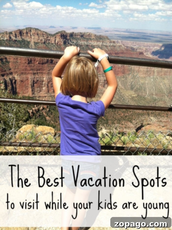 Best vacation spots for kids! Here is where you should take them while they''re still young, our top 10 favorite vacations with kids. #vacation #withkids #travel #familytravel A family gazing in awe at the vast expanse of the Grand Canyon, an iconic US family vacation spot.
