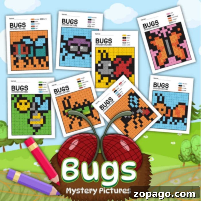 Buggy Art Adventures 2 An inviting image showcasing seven "Bugs and Insects Coloring Pages" in a color-by-number format. The worksheets depict pixelated bug images against a playful backdrop of rolling hills, lush trees, and a bright blue sky. A clear text overlay reads "Bugs Mystery Pictures," hinting at the discovery awaiting completion.