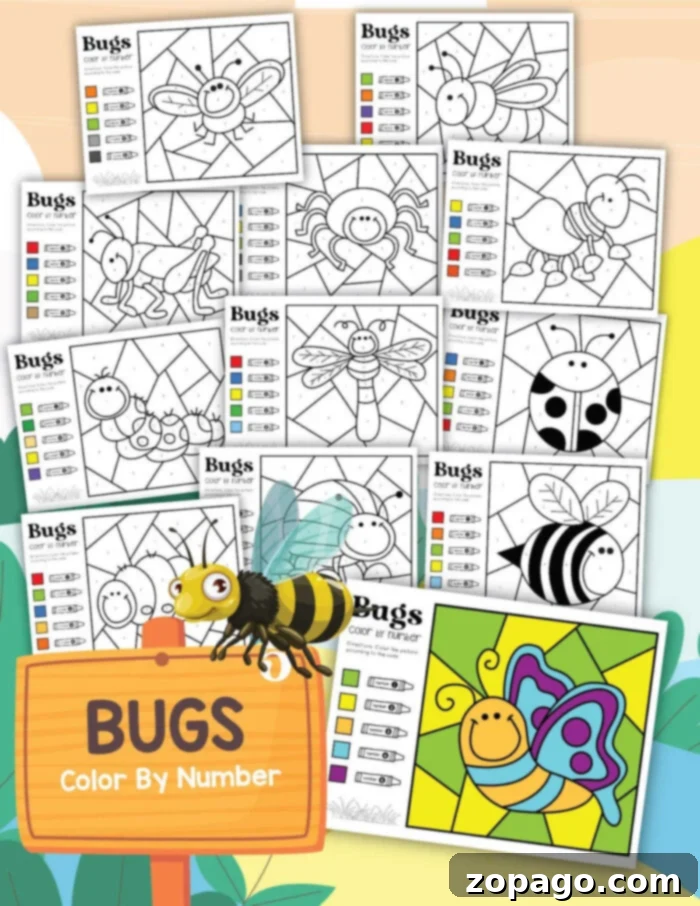 Buggy Art Adventures 3 A delightful collection of "Bugs and Insects Coloring Pages" with a focus on color-by-number activities. The image features various insect designs, each accompanied by a clear color guide. A charming wooden sign adorned with a cheerful bee graphic announces "BUGS Color By Number." In the bottom right corner, a beautifully colored butterfly page serves as an inspiring example of a completed design.