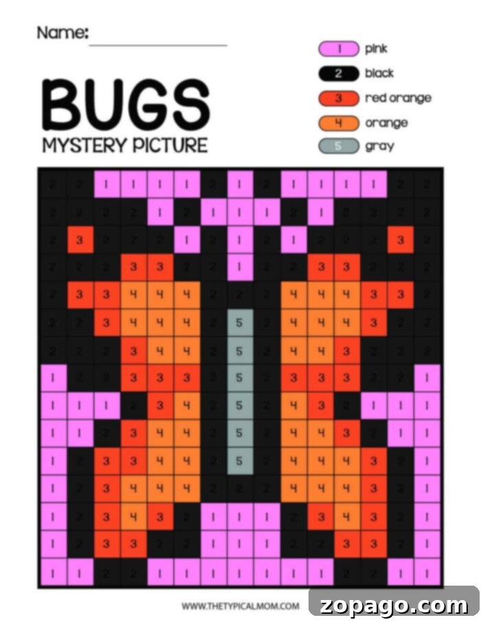 Buggy Art Adventures 5 A clear and detailed color-by-number worksheet titled "Bugs Mystery Picture." The grid is filled with numbers corresponding to a color key: pink (1), black (2), red orange (3), orange (4), and gray (5). This engaging activity encourages children to discover a hidden bug image. The bottom of the page invites users to find more "Bugs and Insects Coloring Pages" at www.thetopicalmom.com.