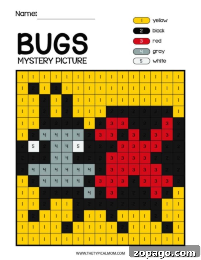 Buggy Art Adventures 6 An engaging color-by-number mystery picture activity titled "Bugs." The worksheet presents a grid of numbers 1 through 5, with a clear color key: yellow (1), black (2), red (3), gray (4), and white (5). This printable is part of the "Bugs and Insects Coloring Pages" series, promising to reveal a hidden bug image upon completion. A designated blank space at the top allows for a child\