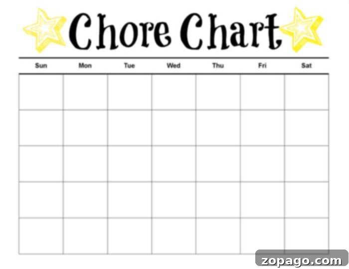 Downloadable printable chore chart for children. Printable chore chart designed for kids