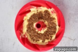 Ultimate Sock It To Me Cake with Cake Mix 8 Bundt pan with cake batter, using the classic Sock it to me cake recipe with cake mix, topped with a crumble layer and placed on a textured light surface.