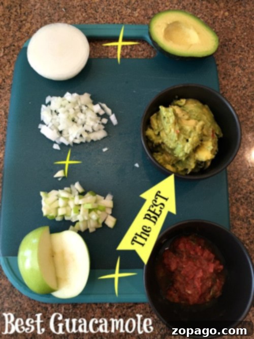I have two of the best guacamole recipe dips here made with diced onion, salsa and our secret ingredient to make it totally fabulous is fruit! That's right, you've got to try our pineapple guacamole or add a bit of diced apple for a salty sweet dip that's perfect with chips or pretzels. #guacamole #dip #pineapple The best guacamole recipe