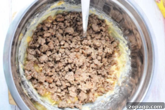 Savory Sausage Biscuits 4 Ground sausage, along with various other ingredients, is gently stirred in a large metal mixing bowl with a spoon, perfectly illustrating the preparation stage for savory muffins.