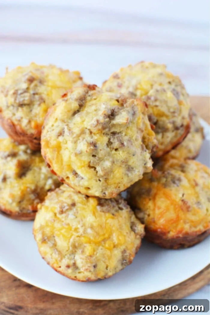 Savory Sausage Biscuits 7 A plate of golden-brown Bisquick sausage muffins with visible chunks of savory sausage and melted cheese, neatly arranged in a stack on a rustic wooden surface. Each muffin promises a hearty and flavorful bite, perfect for a satisfying breakfast or snack.