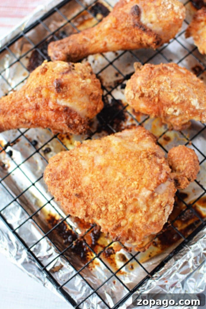 Crispy Baked Bisquick Chicken 7 Golden, crispy oven-fried chicken pieces resting on a wire rack over foil, showcasing their perfectly seasoned coating.