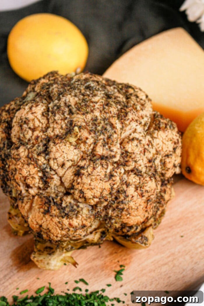 Perfect Slow Cooker Whole Cauliflower 7 A whole roasted cauliflower, seasoned with herbs, sits on a wooden board surrounded by lemons and cheese. This delightful recipe showcases the versatility of this humble vegetable, perfect for savoring as is or prepared in a crock pot for tender perfection.