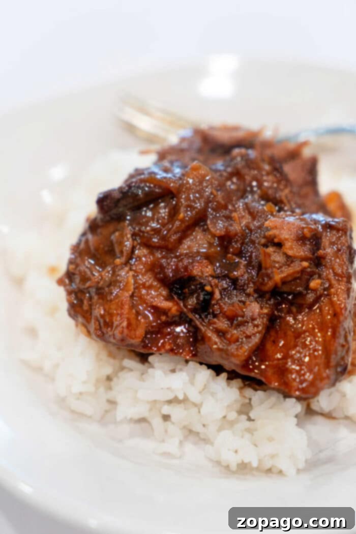 Slow-Cooked Pot Roast with Caramelized Onions 8 A plate of fragrant white rice topped with braised meat and roasted onions in a rich, dark sauce.
