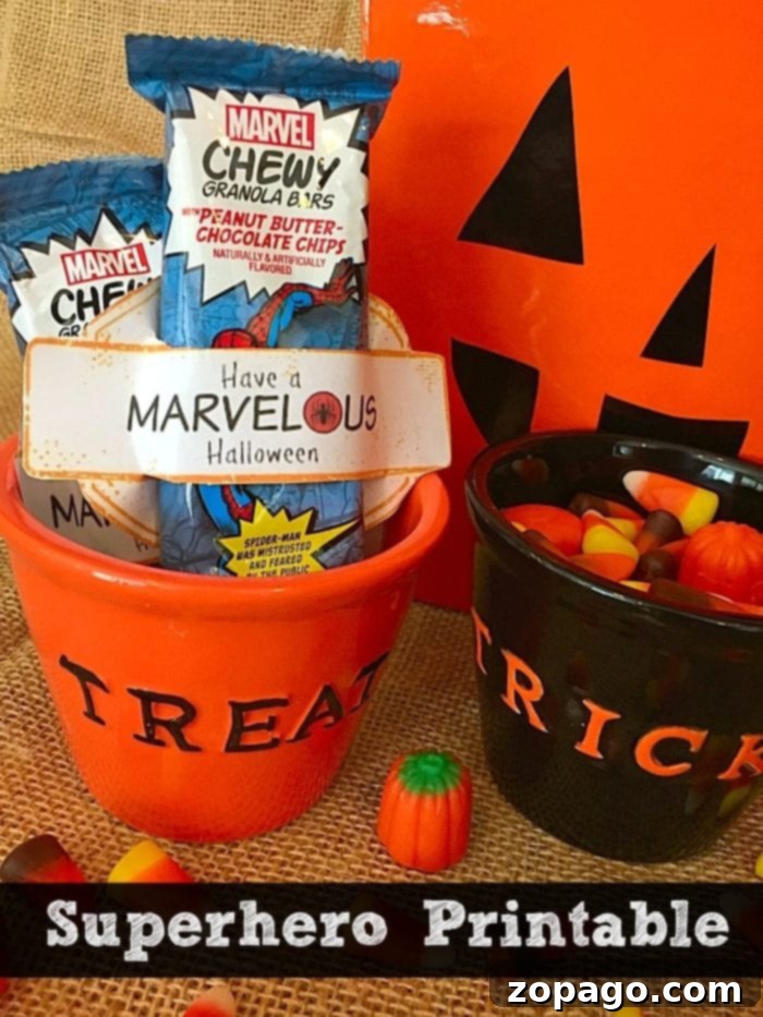 Power Up Your Halloween: Free Superhero Wrapper Printables 2 Printable Marvel Superhero Halloween granola bar wrapper showcasing iconic symbols, perfect for easy and fun Halloween treats.