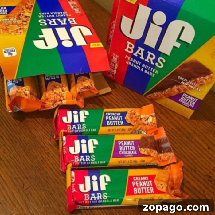 Peanut Butter After School Power Ups 5 Close-up of Jif peanut butter bars in various flavors, highlighting their convenience for on-the-go snacking and quick energy boosts.
