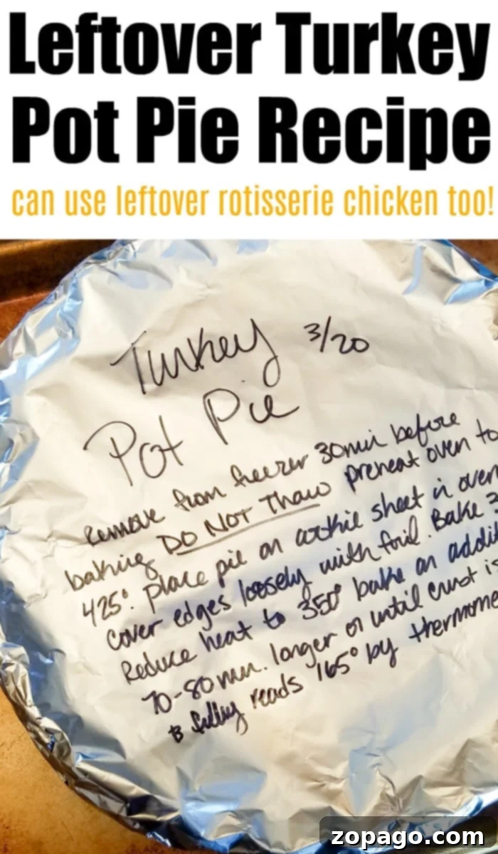 Quick & Cozy Chicken Pot Pie 11 Foil-covered dish with handwritten instructions for a leftover turkey pot pie made without cream of chicken.