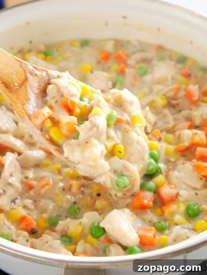 Quick & Cozy Chicken Pot Pie 12 A spoonful of creamy simple chicken pot pie recipe, brimming with peas, corn, and carrots.