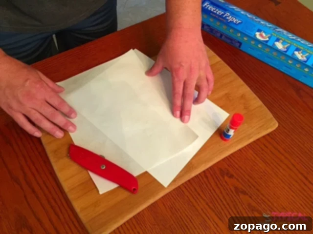 Follow these instructions to cut and prepare freezer paper for successful inkjet printing. Detailed steps on how to prepare freezer paper for printing with an inkjet.