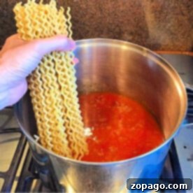 Streamlined Spaghetti Supper 4 A hand gracefully holds uncooked pasta over a simmering pot of red sauce on the stove, capturing the essence of one-pot spaghetti perfection.