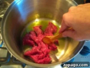 Streamlined Spaghetti Supper 5 A hand uses a wooden spoon to cook ground meat in a pot on the stove, preparing the base for a delicious one pot spaghetti meal.