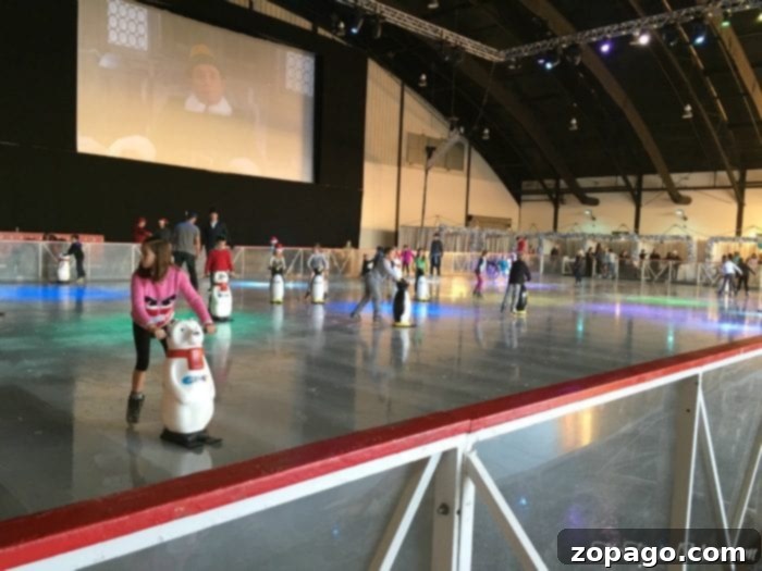 OC Winter Festival 4 Kids learning to ice skate with penguin helpers at OC Winter Fest