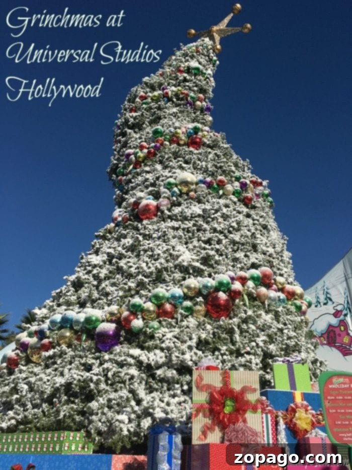 Grinchmas at Universal Studios Hollywood's festive entrance. Universal Studios Hollywood adorned for Grinchmas
