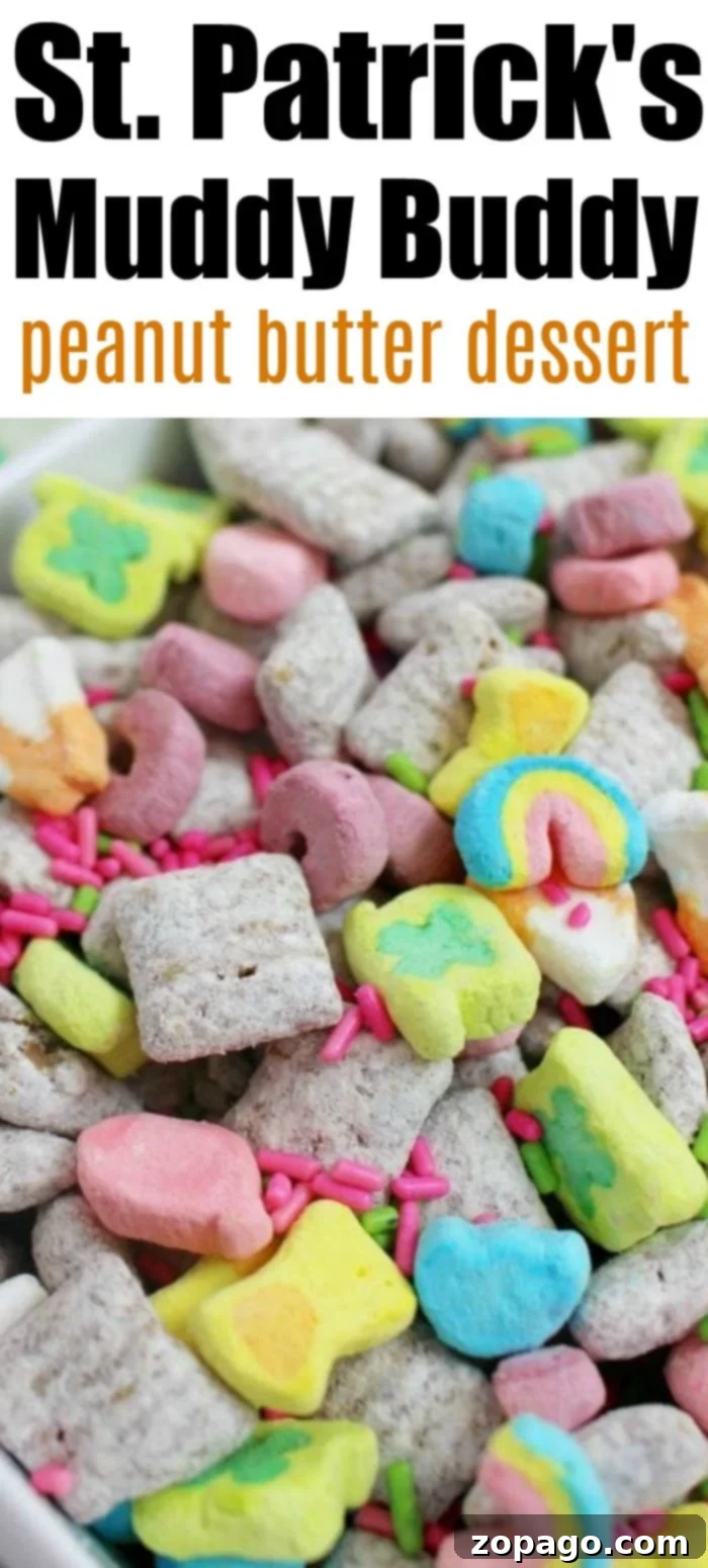 Chex muddy buddies recipe is great for a party or gift idea. Add mix ins for every holiday to add some color to this crunchy peanut butter dessert. Vibrant muddy buddy recipe with green sprinkles for St. Patrick's Day.