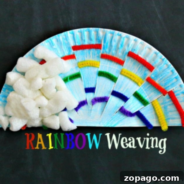 This delightful rainbow weaving art craft for kids, utilizing pipe cleaners and paper plates, is perfectly suited for St. Patrick's Day activities or as a year-round craft for classrooms. These affordable paper plate crafts are fantastic for Preschool and Kindergarten children. A finished paper plate craft showcasing rainbow weaving art, with bright pipe cleaners threaded through the plate and white fluffy clouds attached to the side. The text overlay reads 'RAINBOW Weaving' in colorful letters.