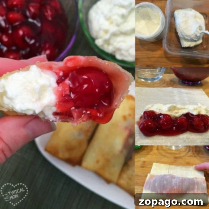 Cherry cheesecake egg rolls are amazing!! Just 3 ingredients in this warm dessert egg roll recipe. SO easy and the easiest cheesecake recipe ever. #cherrycheesecake #cheesecake #eggrolls #desserteggrolls #cherry #thetypicalmom Close-up of a hand holding a cherry and cream-filled pastry with more on a plate behind. Collage includes pastry ingredients and steps of assembling the filling and folding the pastry, reminiscent of crafting delightful cherry cheesecake egg rolls.
